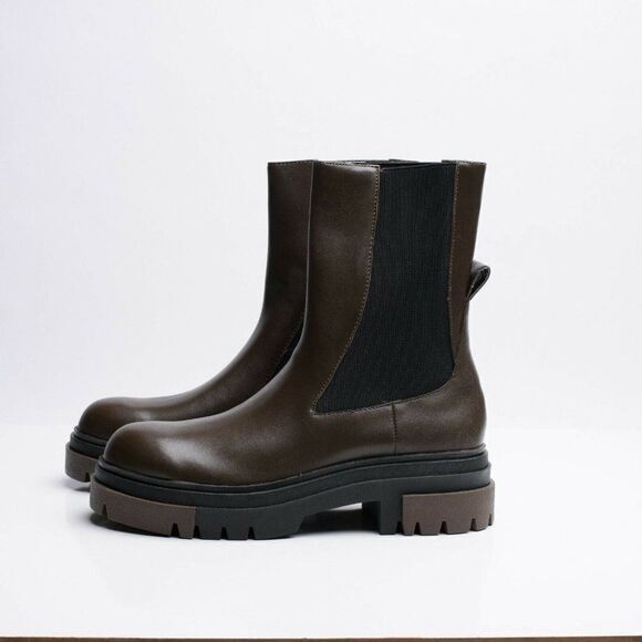 Zara Womens Chelsea Khaki Leather Ankle Boots Lug Soles EU 38 US 7.5 1176/810 - Picture 6 of 10
